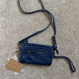 Navy Blue Leather Crossbody Bag with Zip Details - New w/ tags